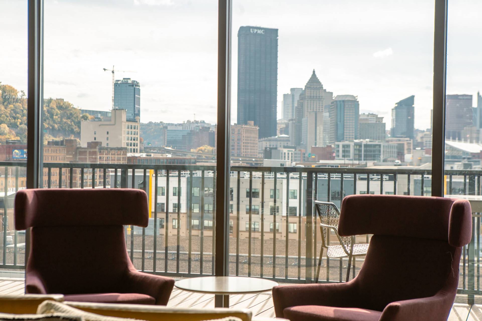 Expansive views of pittsburgh's skyline from the top floor club room.